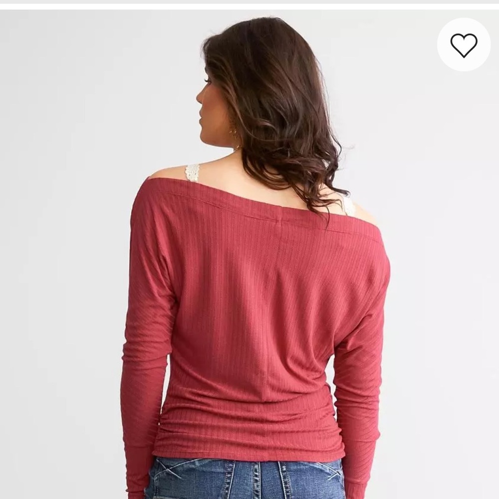Buckle Off-Shoulder Ribbed Top in Deep Red - Picture 2 of 2